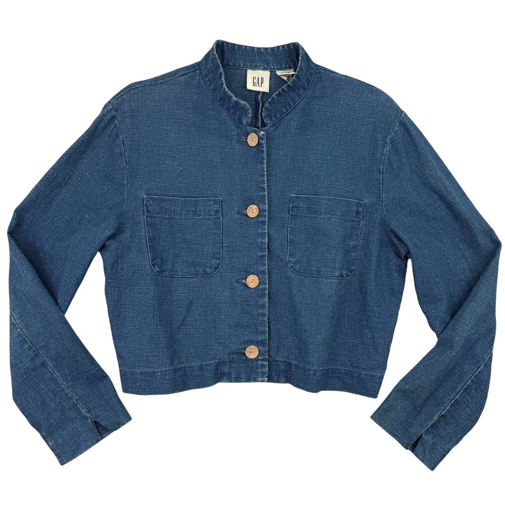 Vintage Gap Linen Blend Cropped Jacket Blue Mandarin Collar Small 90s Workwear